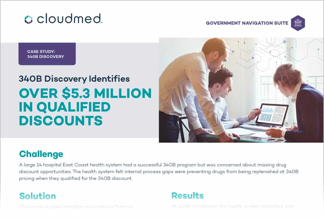 A case study with the headline 340B Discovery identifies over five million dollars in qualified discounts.