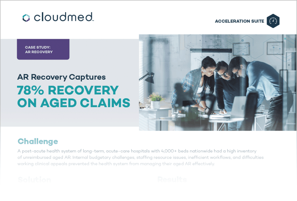 A case study with the headline AR Recovery captures seventy eight percent recovery on aged claims.